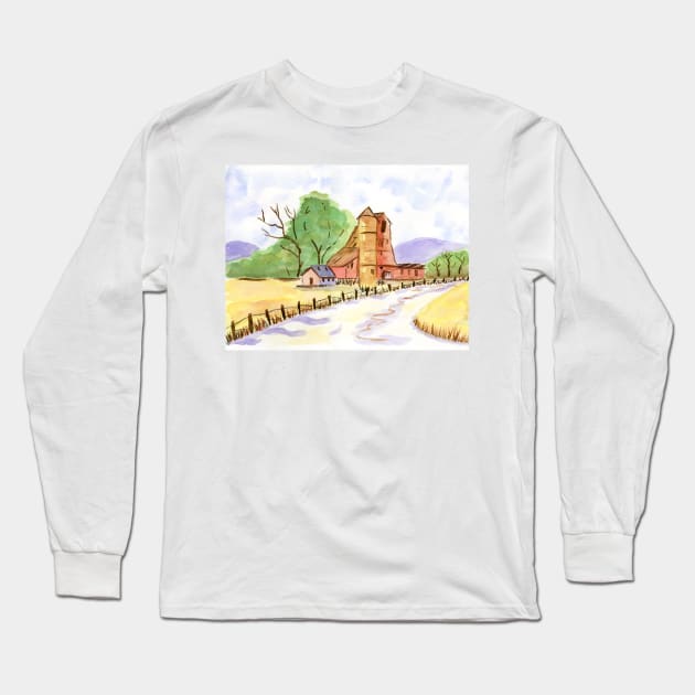 Old Farm. Original Watercolor Painting Long Sleeve T-Shirt by EugeniaAlvarez